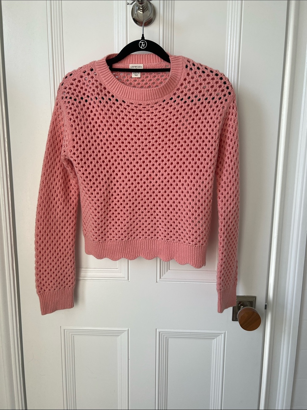 J. Crew Pink Open-Knit Scalloped Hem Crewneck Sweater